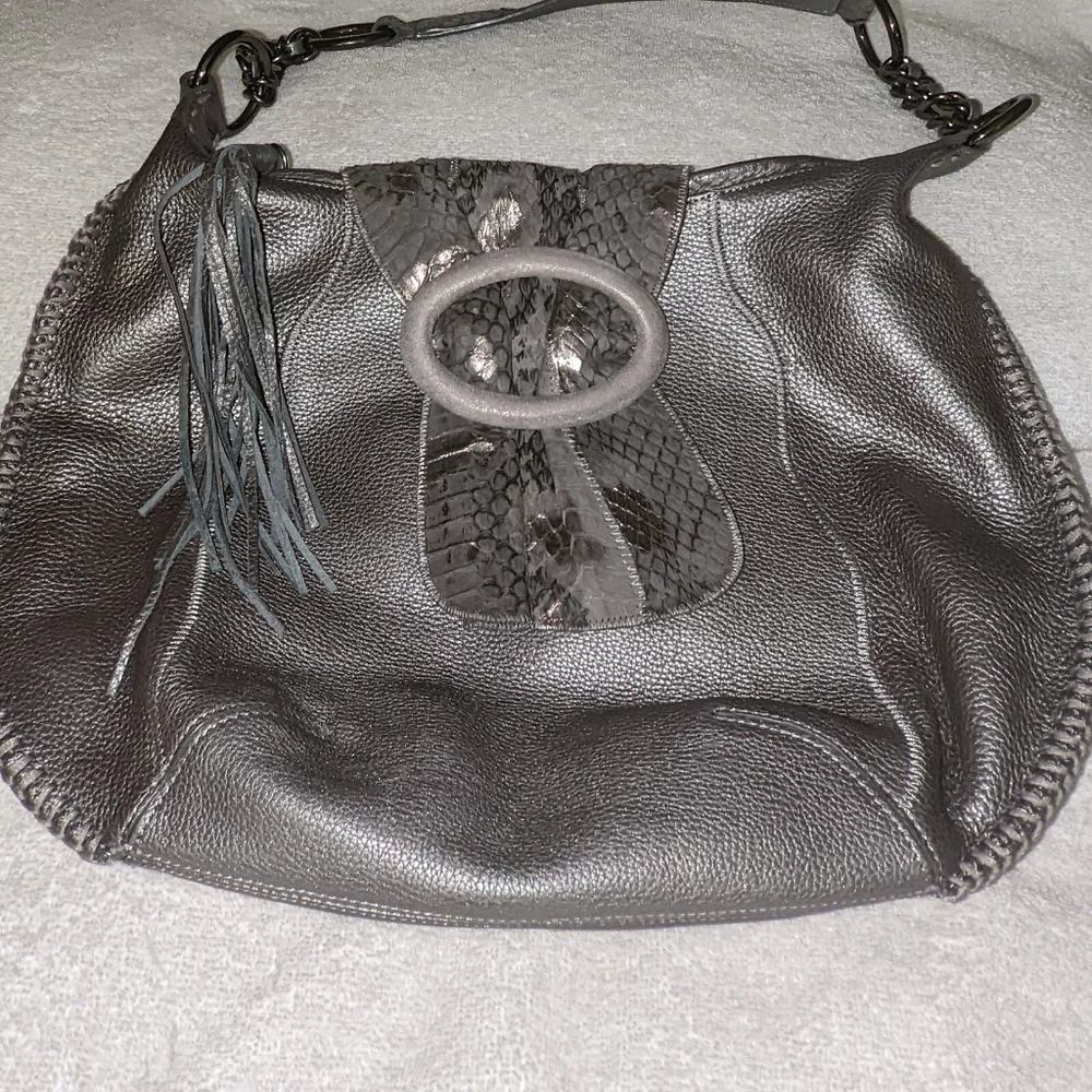 Chi by Falchi gray leather shoulder bag with snake details.